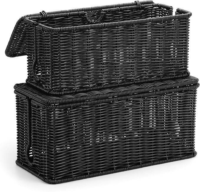 2Pack Large Cable Management Box Black, Handwoven Imitation Rattan Cord Organizer Cord Hider, Desk Cord Management Box to Hide Cords and Power Strips on Desk or Floor