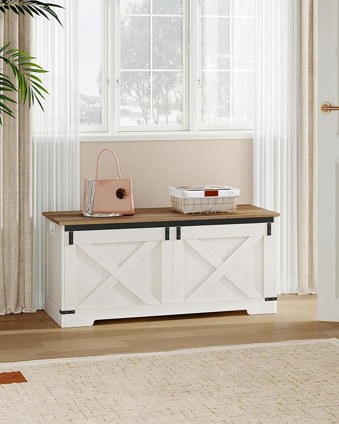 Hzuaneri 42.9" Storage Chest, Large Storage Trunk with 2 Hinges, Farmhouse Wooden Box Bench, Lift-Top Organizer Chest, Entryway Trunk for Bedroom, Living Room, White and Brown SB10914X