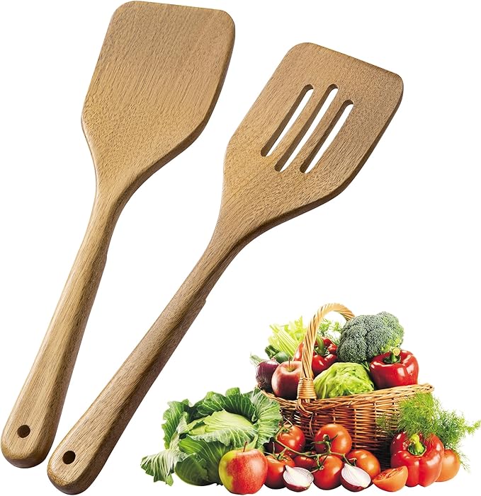 Wooden Utensil Set 2 Pcs - Natural Non-Toxic Acacia Wooden Spoons for Cooking, Nonstick, Sturdy, Easy to Clean, Wood Kitchen Utensils Set, Ideal for Gifting