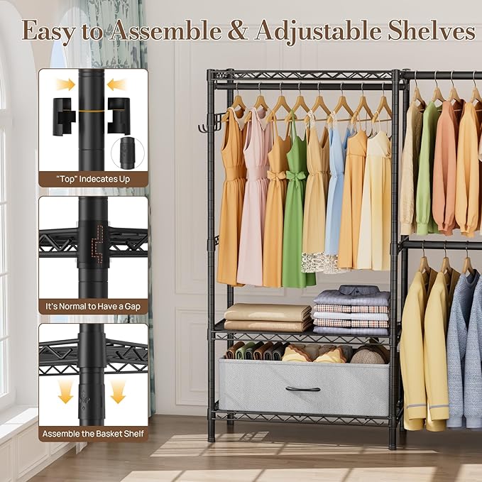 Golpart Coat Rack Clothes Wardrobe：Closet Organizer and Storage Clothing Garment Rack with Shelves Heavy Duty for Hanging Clothes Portable Adjustable Black 15.8" DX(70-88)" WX76.5 H