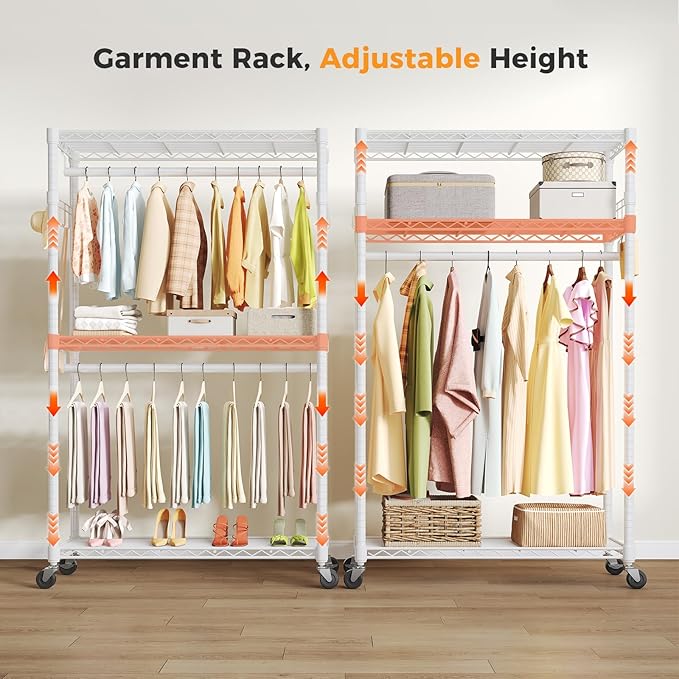 NEWBULIG Heavy Duty Adjustable Clothes Rack with Wheels, Adjustable Rolling Metal Freestanding Garment Closet Organizer with Double Rods & 2 Side Hooks for Hanging Clothes, 47"x17"x80", White