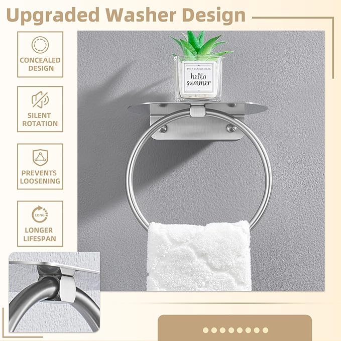 APLusee Towel Ring with Shelf Brushed Nickel, 304 Stainless Steel Rustproof Wall Mounted Holder, Space-Saving Storage for Hand Towels & Bathroom Essentials