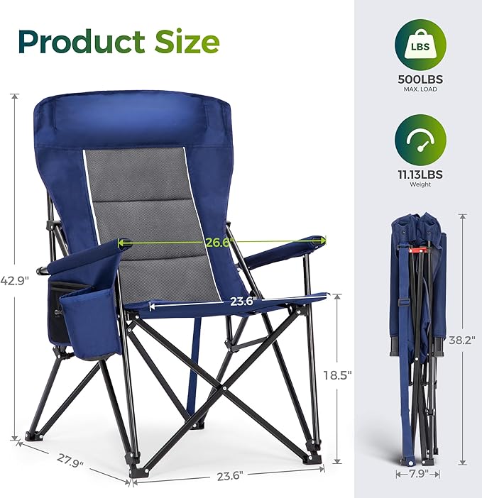 ALPHA CAMP Oversized Folding Camping Chairs High Backrest Heavy Duty Lawn Chairs for Adults Support 500 LBS Portable Camp Chairs with Cup Holders Large Side Pocket Outdoor Chair 2 Pack