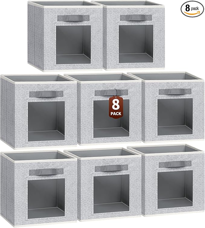 Homsorout Foldable Storage Cubes - Cubby Storage Organizer with Window, Decorative Fabric Bins for Clothes Storage, Closet Organizers for Shelves, 11inch, Set of 8, Light Grey