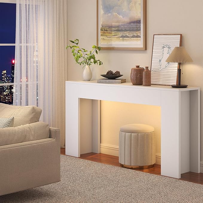 knoworld 63-Inch Long Console Table with LED Light, Farmhouse Sofa Table Behind Couch, Wooden Console Table for Entryway Hallway Entrance Living Room, White