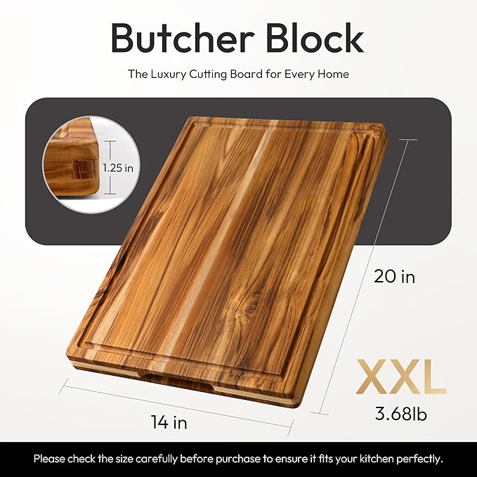 Bellsal Extra Large Teak Wood Cutting Board 20inch for Kitchen Charcuterie Board Heavy Duty Non Slip Feet Over Sink Butcher Block Chopping Board Nice Solid Thick Wooden Juice Groove XXl large Hardwood