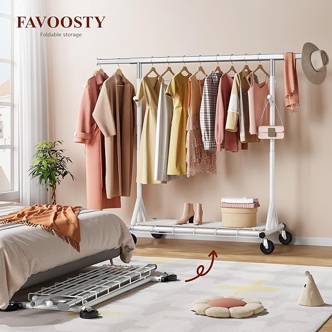 FAVOOSTY Heavy Duty Clothes Rack for Hanging Clothes, Rolling & Extending Clothing Rack with Wheels, Garment Coat Rack Freestanding, Portable Clothes Rack, White