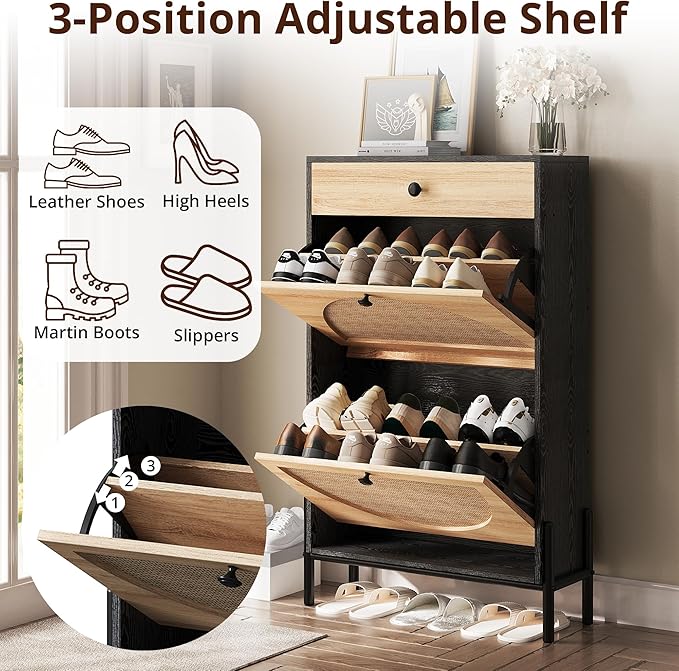 IRONCK Shoe Cabinet with 2 Flip Drawers, Shoe Storage Cabinet for Entryway, Free Standing Shoe Storage Organizer with Rattan Doors Slim Narrow Shoe Rack Cabinet, Black
