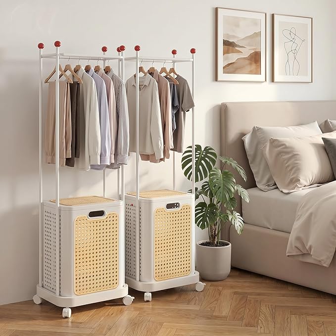 VECELO Laundry Hamper with Clothes Rack, Rolling Laundry Basket with Lid and Wheels, Tall Clothes Stand for Hanging Clothes, Multifunctional Laundry Organizer for Bedroom, Bathroom, White