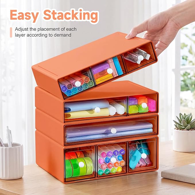 Desk Organizer with 9 Drawers, 4 Tiers Stackable Storage Drawers, Desktop Storage Box with Clear Drawers for Stationery, Makeup, Jewelry, Office and Craft Supplies (Orange)