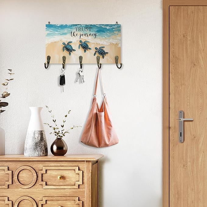 Sea Turtle Gifts Key Holder for Wall 10"x5.12", Gifts for Turtle Lovers Key Hanger Wall Mount, Trust The Journey Coastal Beach Wooden Hanging Keys Holder Decor for Entryway Beach House