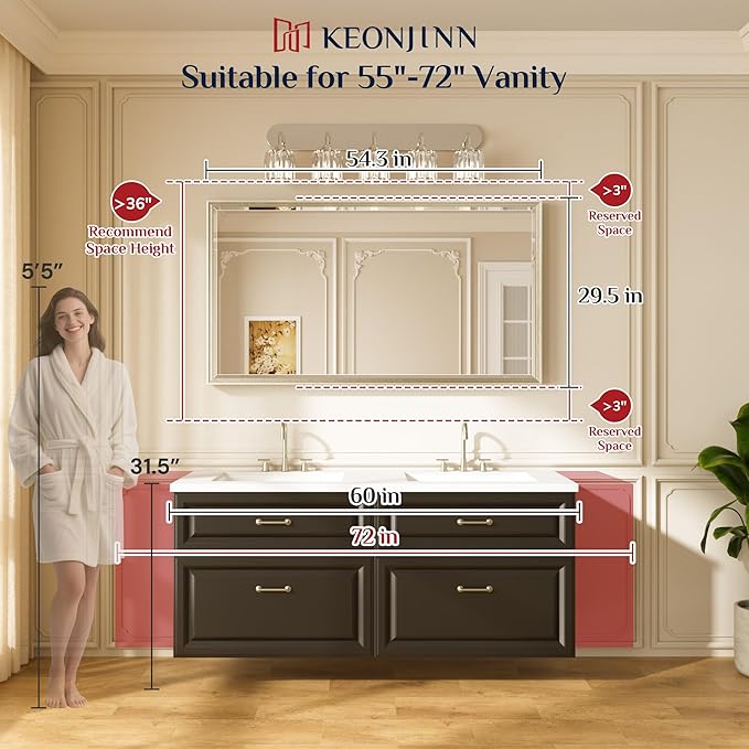 Keonjinn 55" x 30" Black Bathroom Vanity Mirror, Black Metal Framed Mirror, Beveled Edge Tempered Glass, Aluminum Alloy, Rustproof, Decorative Wall Mirrors for Entryway, Hallway(Vertical/Horizontal)