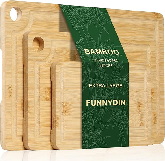 3PCS Bamboo Cutting Board Set - Durable Wooden Cutting Boards with Deep Juice Grooves & Built-in Handles & Hanging Holes, Ideal for Chopping Meat, Vegetables, Dishwasher Safe