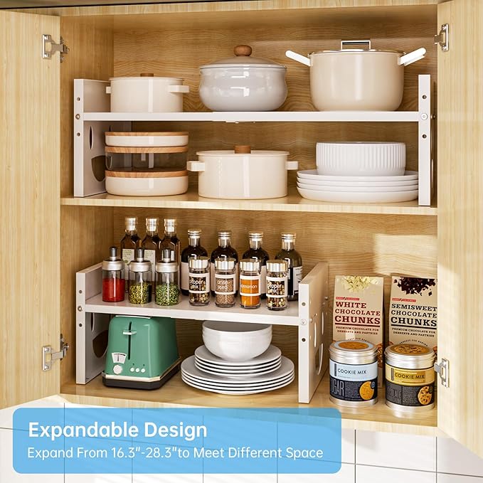 Fun-Face Expandable Cabinet Shelf Organizer,Adjustable Height & Width, Stackable Metal Storage Rack,Kitchen Spice Rack, Pantry Shelf, Countertops (1, White)