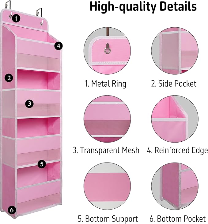 TYMENSH Pink Over Door Organizer with 4 Large Clear Pockets, Hanging Door Storage for Nursery, Bedroom, Bathroom, Closet, Toys, Diapers, Cosmetics, Baby Essentials
