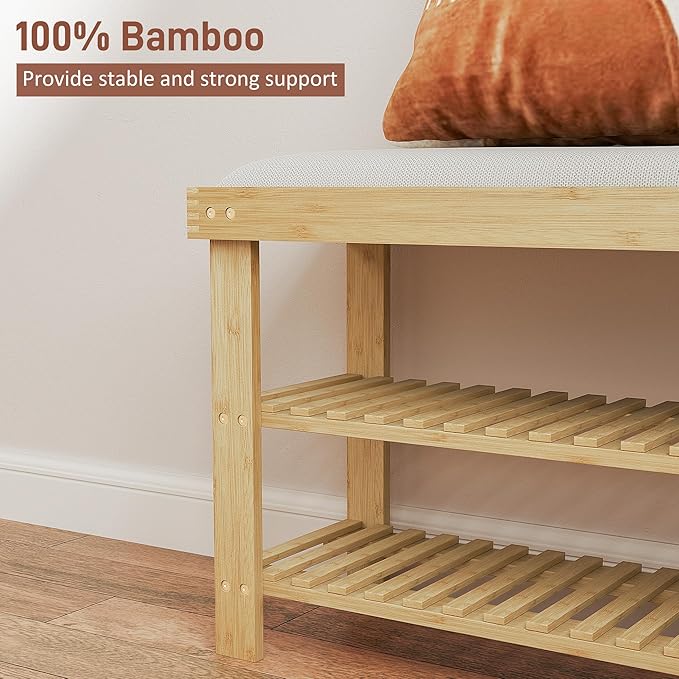 HOMCOM Bamboo Shoe Bench, 3-Tier Entryway Bench with Storage and Cushion, Shoe Organizer for Entryway, Hallway, Holds Up to 331 lbs, 35.4 x 11.4 x 19.3 Inches, Natural