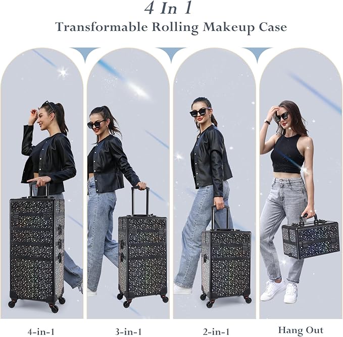 Stagiant Rolling Makeup Case Cosmetology Case on Wheels 4 in 1 Large Makeup Travel Case Nail Kits Organizer Train Case with Key Make Up Artist Salon Storage Traveling Cart Trunk Black Star