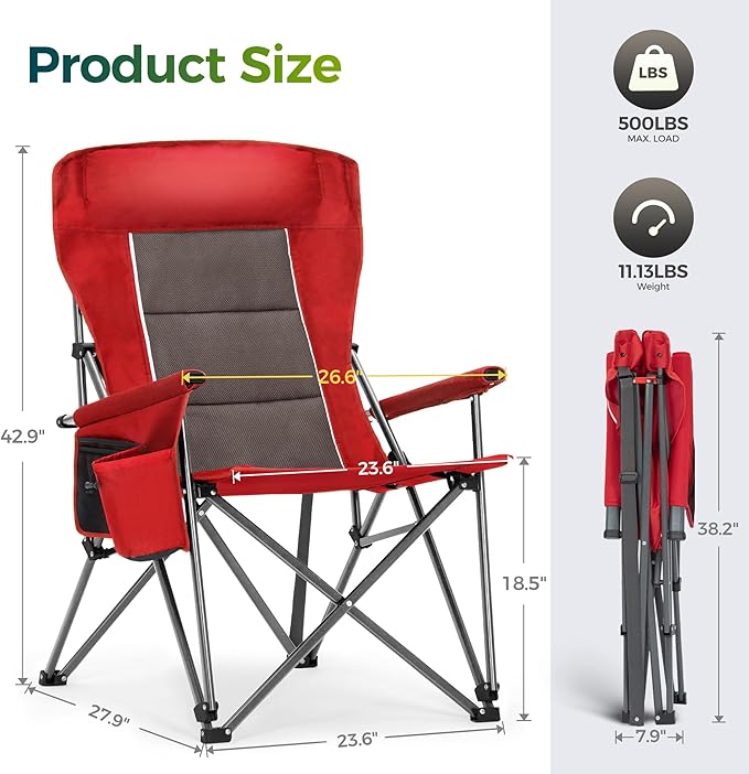 ALPHA CAMP Oversized Folding Camping Chairs for Adults High Backrest Heavy Duty Lawn Chairs Support 500 LBS Portable Camp Chairs with Cup Holders Large Side Pocket Outdoor Chair 2 Pack