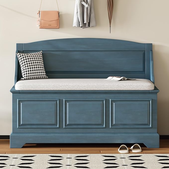 LUMISOL Shoe Storage Bench with Cushion, 41.7” Farmhouse Entryway Bench with Soft-Close Devices and Hidden Storage, Upholstered Storage Ottoman for Living Room, Entryway, Bedroom, Antique Navy