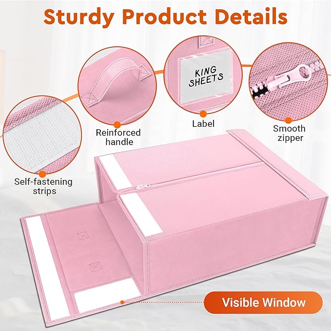 StorageTastic 8 Pack Bed Sheet Closet Organizers and Storage,Sturdy Foldable Storage Containers with Window and Label,Storage and Organization for Bedding Sheets,Duvet Covers,Blankets (Pink)