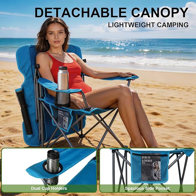 Romswi Large Folding Canopy Camping Chairs for Adult 2 Pack, Portable Outdoor Chairs with Sunshade,Cup Holder & Side Pocket for Camping, Fishing, Beach, Backyard, Sea Blue