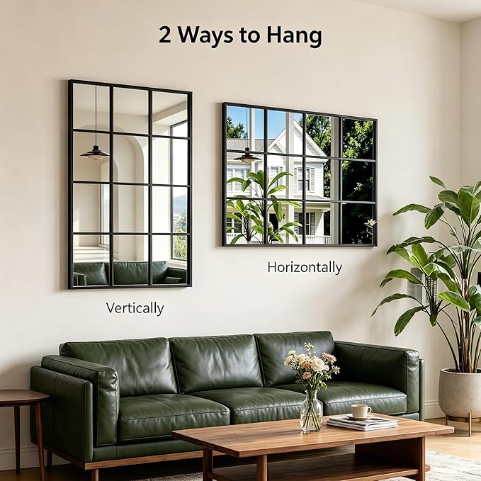 Dewfig Rectangle Window Mirror Wall Mounted, 30"x47"in Window Pane Mirror Wall Decor Metal Framed, Large Black Mirrors for Bedroom Living Room Fireplace Entryway Hanging or Leaning Against Wall,Black