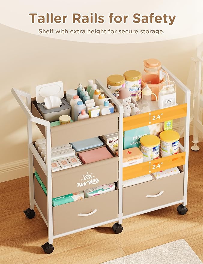 Twinkoo 2-in-1 Baby Diaper Caddy Organizer, 3 Tier Rolling Storage Cart with Dividers and Drawers, Baby Essentials for Nursery Storage, Mobile Utility Cart with Wheels Large Capacity Easy to Assemble