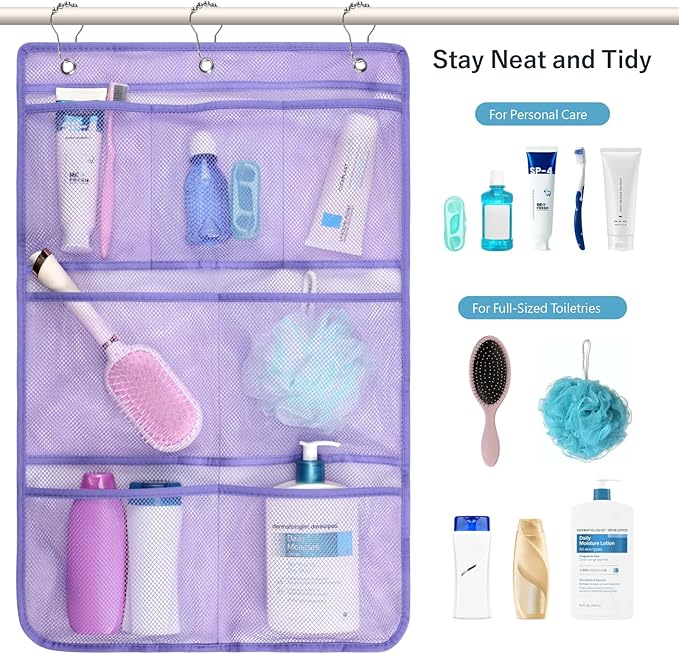 F-color Cruise Essentials 2026 - Mesh Shower Organizer Hanging with 7 Pockets for RV Gym Camping, Quick-Dry Portable Toiletry Bag with Metal Hooks for Bathroom Travel Toiletries, Purple