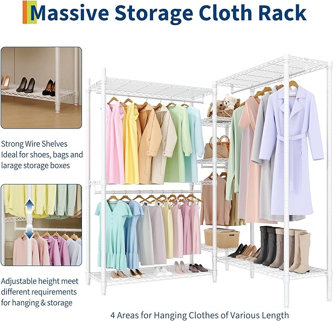 Freestanding Heavy Duty Garment Rack with Adjustable Shelves and Hanging Rods, Large 1630 Lbs Capacity Portable Closet Organizer for Bedroom or Cloakroom Storage, White