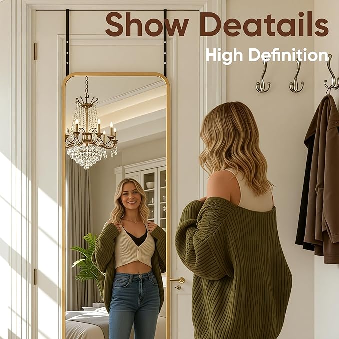 Antok 48''x 14'' Full Length Mirror Over Door, 4-in-1 Standing Leaning Wall Mounted, Adjustable Hanging Mirror for Bedroom Living Room, Gold, Rounded Corner