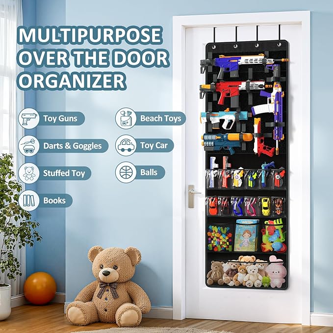 Over Door Toy Gun Storage, Hanging Organizer for Toy Guns, Hanging Toys Organizer with Pockets, Hook&Loop Straps for Foam Blasters, Darts, Goggle, Toys Storage Door Hanger for Kidroom, Gameroom, Black