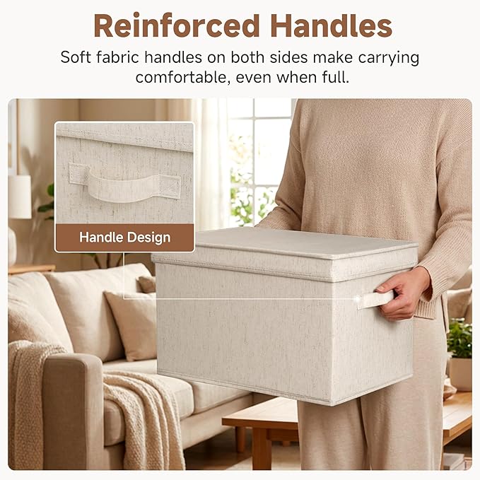 StorageWorks Fabric Storage Bins with Lids, Decorative Storage Bins with Soft Handles, Foldable Storage Baskets for Closet, Shelves, Stackable and Sturdy Organization, Beige, Jumbo, 3-Pack