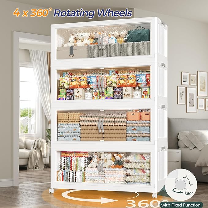 640QT Extra Large Stackable Storage Bins with Lid & Wheels & Doors, 160Gal Foldable Collapsible Closet Organizers, Plastic Cabinet Box Container Drawer for Home Kitchen Bedroom, 4Pack White