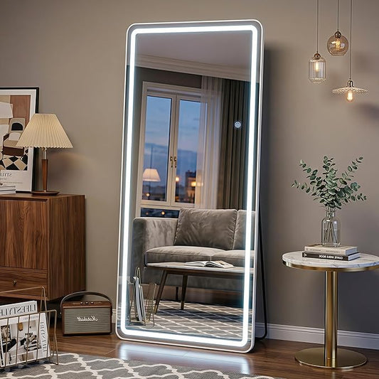 76"x34" Full Length Mirror with LED Lights, Dimmable Lighted Floor Mirror with 3 Color Lighting & Touch Control, Standing Wall Mounted Full Body Mirror, Tempered Glass for Bedroom, White