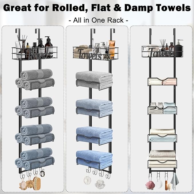Over The Door Towel Racks, No Drill Towel Storage with Basket & Hooks, Space-Saving Multi-Functional Towel Holder for Bathrooms, bedrooms, Apartments, RVs (Matte Black, 6 Tier)