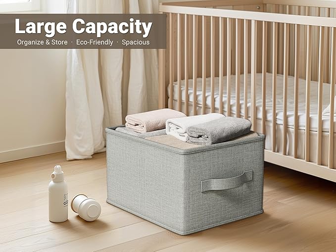 LayerSpace 3 Pack Fabric Storage Bins for Shelves | 16.25x12x10in Closet Storage Baskets | Collapsible Storage Bins |Fabric Closet Organizers with Handles | Light Gray