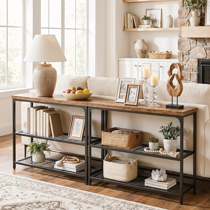Besiost 47" Console Table with 3-Tier Storage, Industrial Narrow Entryway Table, Sofa Table Behind Couch for Hallway, Foyer & Living Room, Sturdy Metal Frame, Rustic Brown