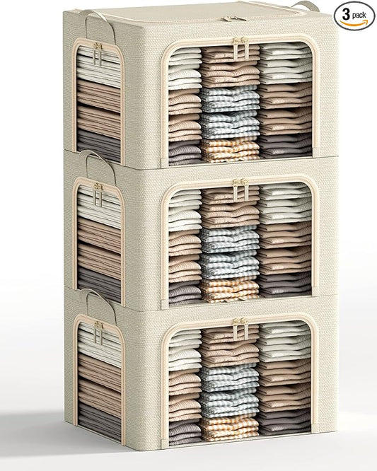 3 Opeings Large Clothes Storage Bins with Metal Frame, Foldable Storage Bin for Clothes, Clothing Storage Bins with Lid, Linen Storage Box With Clear Window＆ Zippers＆ Durable Handles.(3 Pcs,Beige,66L)
