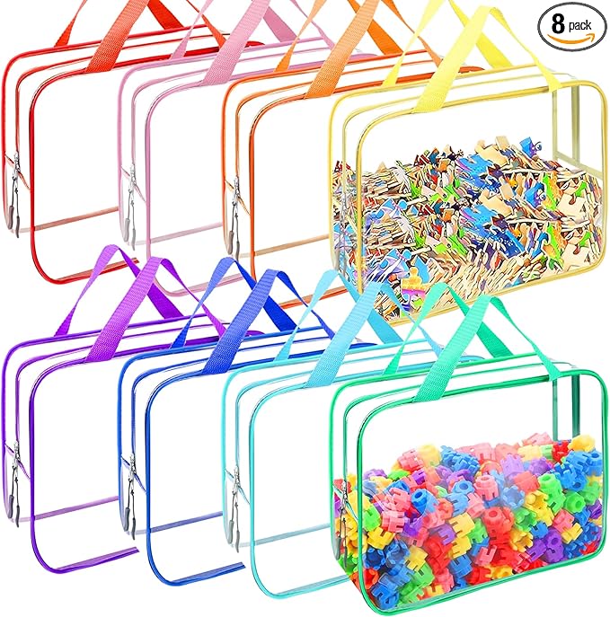 YOPCDJ 8 Packs 8 Colors Toy Storage Bags, Reusable Clear PVC Board Game Storage, Toy Organizers and Storage Bags with Zipper for Building Blocks, Puzzle and Handmade Accessories, Clear Toiletry Bag