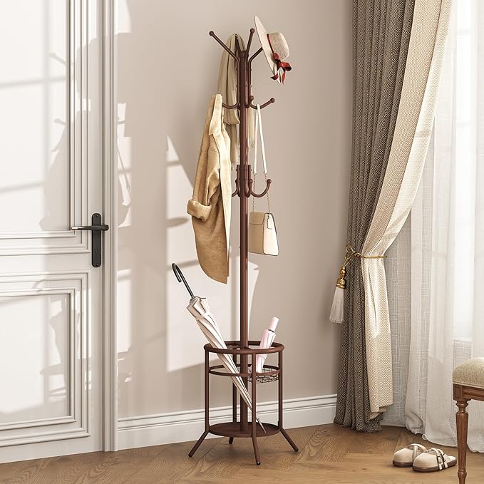 ELYKEN Coat Rack Freestanding, Metal Coat Rack Stand with Umbrella Holder, Modern Coat Tree with 12 Hooks, Floor Standing Corner Hall Tree for Entryway Living Room Bedroom Office, Brown