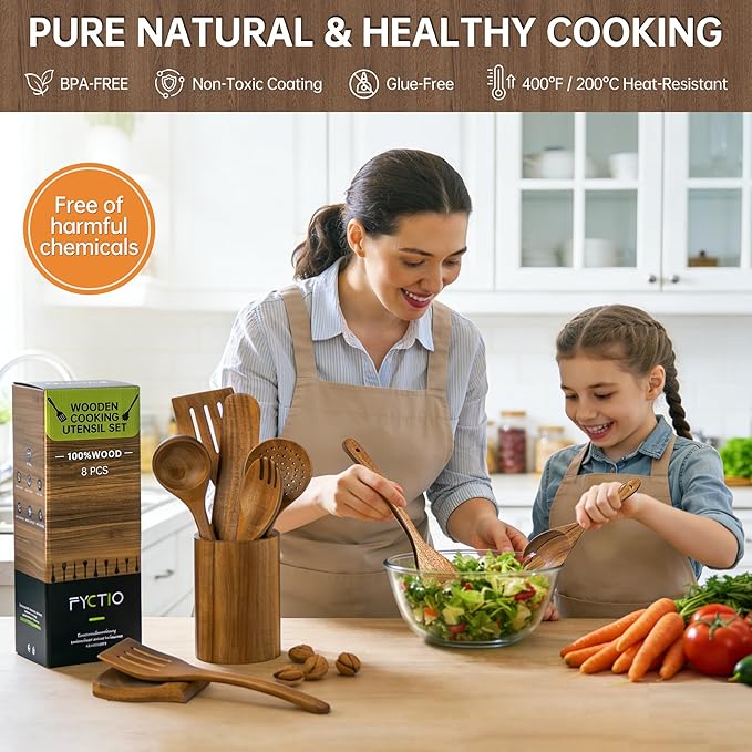 Wooden Utensil Set 8 PCS - Natural Non-Toxic Acacia Wooden Spoons for Cooking, Nonstick, Sturdy,Easy to Clean, Wood Kitchen Utensils Set with Holder, Spoon Rest, Ideal for Gifting