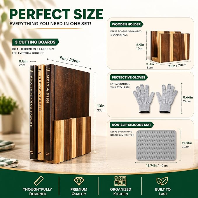 Acacia Wood Book Cutting Board Set with Stand, Wooden Cutting Boards That Look Like Books for Hands-Free Recipe Viewing, Beginner Cooking, Breakfast Prep, Family Meals & Housewarming Gift