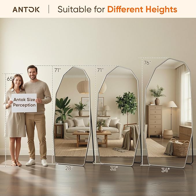 Antok Full Length Mirror, 71"x32" Floor Mirror, Free Standing Wall Mounted or Leaning Full Body Mirror with Aluminum Alloy Frame, Diamond Irregular for Bedroom Entryway Cloakroom, Silver