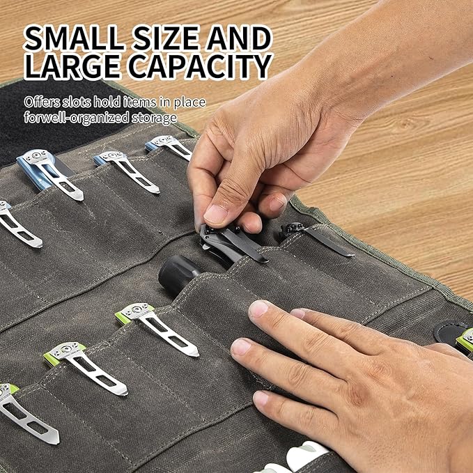 Pocket Knife Storage Roll,Knife Display Bag with 17 Slots Pocket Knives and Elastic Band Slot,Folding Knife Holder Organizer,Edc Mini Knifes Bags,Folding Knives Gifts for Collector