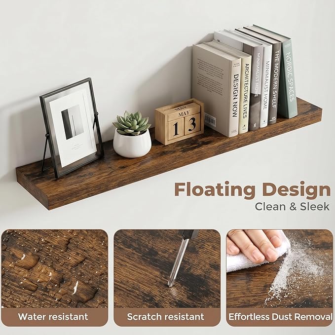 Venusmiles Floating Shelves for Wall, 36 Inch Floating Shelves Set of 2, 6.5" D Wooden Wall Mounted Display Shelves with Invisible Brackets for Living Room, Bedroom, Bathroom, Kitchen Decor, Brown