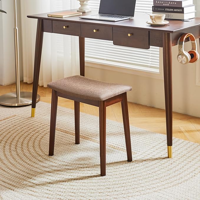 IBUYKE Saddle Cushion Vanity Stool Chair, Foot Rest Stool with Solid Wood Legs, Modern Vanity Bench Ottoman for Piano, Upholstered Seat for Bedroom, Entryway, Walnut Legs&Brown Linen WBD007HC
