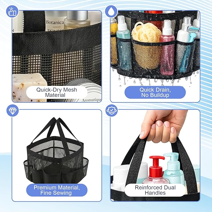 Mesh Shower Caddy Portable for College Dorm Room Essentials, 8-Pocket Quick Dry Hanging Shower Tote Bag with 2 Handles for Beach, Swimming, Gym, Travel Essentials