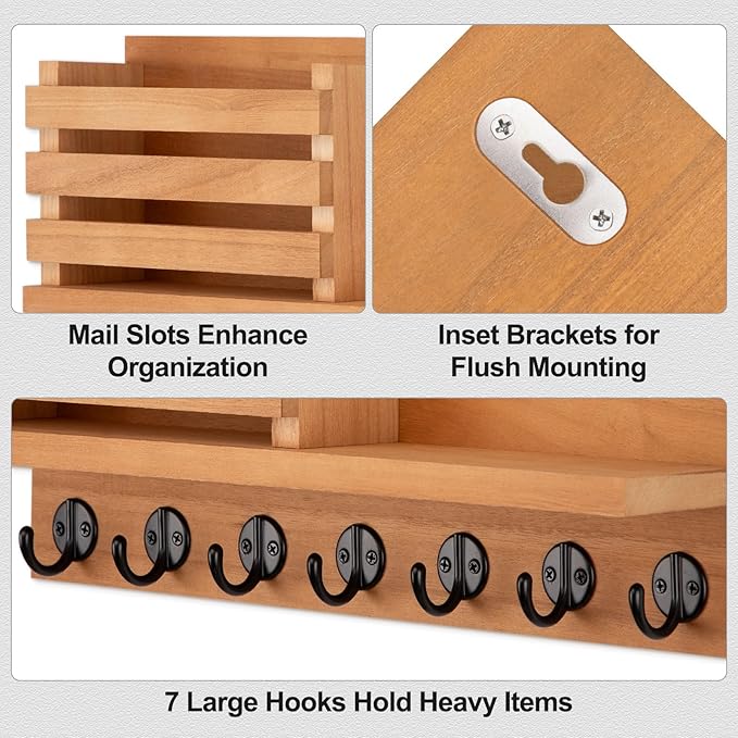 Lwenki Key Holder for Wall – Decorative Wooden Mail Holder and Key Shelf with Mounting Hardware, Installation Guide – Paulownia Wood with Metal Key Hooks (Light Brown, Extra Large - 15.6inch)