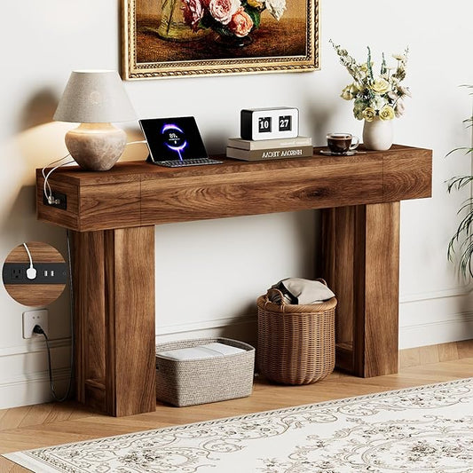 63 Inch Long Console Table w/Outlets & USB Ports, Narrow Rectangular Sofa Table Behind The Couch, Farmhouse Entryway Table for Entrance, Hallway, Living Room(Brown with Outlet)
