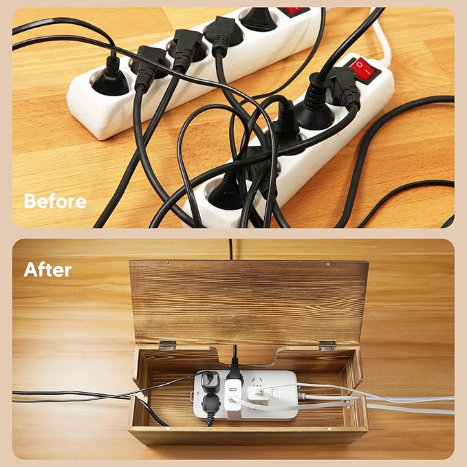 Large Cable Management Box - Burnt Wood Cable Organizer Box and Floor Cord Covers for Electrical Cord Management - Hide Desk Cord and Floor Cables - Wire Storage and Organization for Cords
